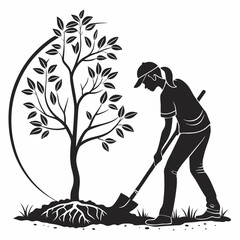 Woman Planting Tree Black And White Silhouette Vector Illustration Design