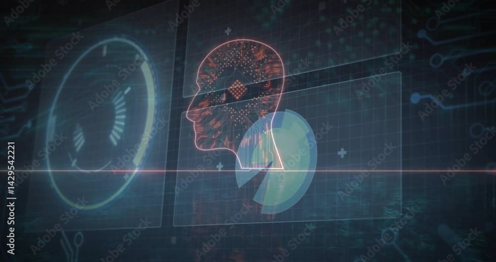 Poster digital head silhouette showing neon circuit chip floating over hud panels displaying radial charts