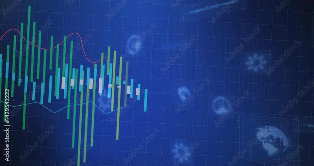 Poster analytics dashboard showing data bars, trend lines and line chart over grid in flat design