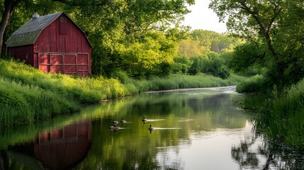Obraz premium Picturesque red barn beside a tranquil river in lush greenery.