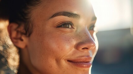 Obraz premium Woman with Subtle Smile and Glowing Skin in Close-Up Portrait