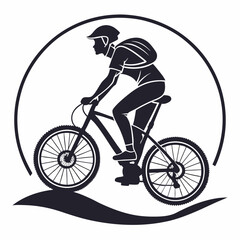 Obraz premium Silhouette Of A Mountain Biker Riding With Helmet And Backpack Outdoors