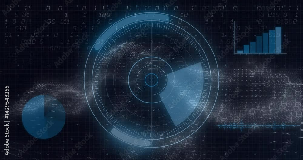 Poster Central circular radar HUD displaying rotating sweep over dark grid with glitching data streams