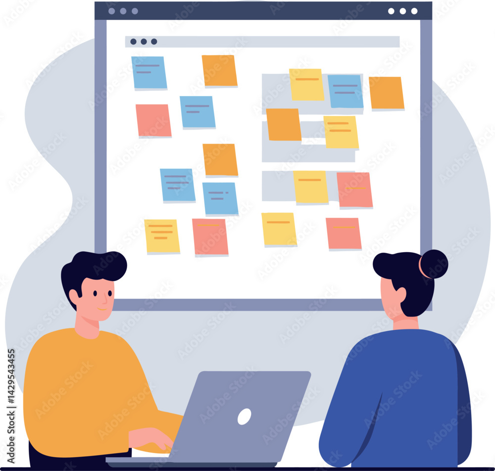 Poster two people collaborating on project with sticky notes on screen digital workspace illustration
