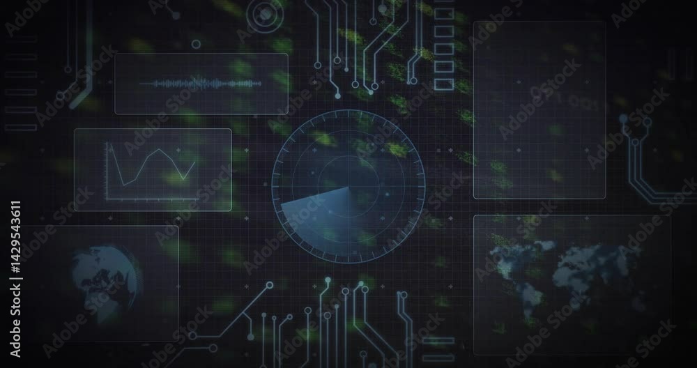 Poster hud showing central radar scanning grid, panels displaying waveform chart neon circuit traces