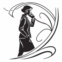 Businesswoman On Telephone Illustration With Floral Ornamentation In Black And White