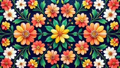 Symmetrical floral arrangement in a repeating tile , delicate pattern, pretty pattern