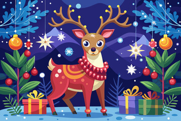 Fototapeta premium vector of Christmas decoration reindeer on festive holiday background with snowflakes and lights