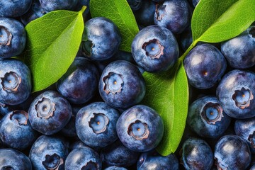 Fototapeta premium Fresh ripe blueberries with vibrant green leaves arranged on a surface