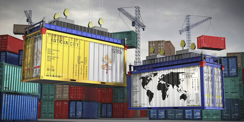 Flags of Vatican City and world map on cargo containers - international trade concept - 3D illustration