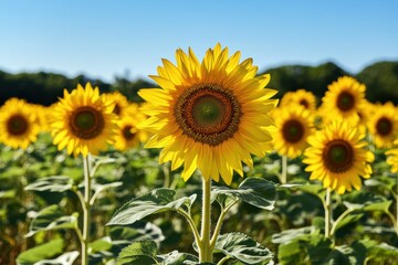 Obraz premium Bright young sunflowers blooming in a vibrant field under clear blue skies