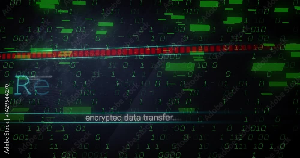 Poster cyber ui showing green binary code streaming over red progress bar, showing encrypted data transfer