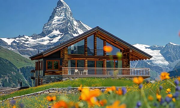 Alpine chalet amidst wildflowers and Matterhorn
