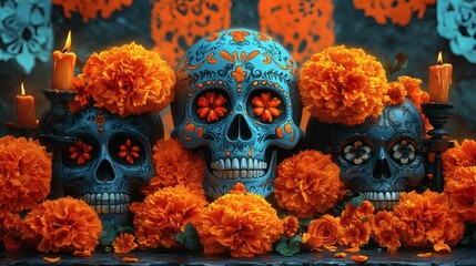 An artistic and colorful Day of the Dead altar scene with skulls, marigolds, and candles, rich with cultural symbolism. The composition captures the festive spirit, paying tribute to the departed