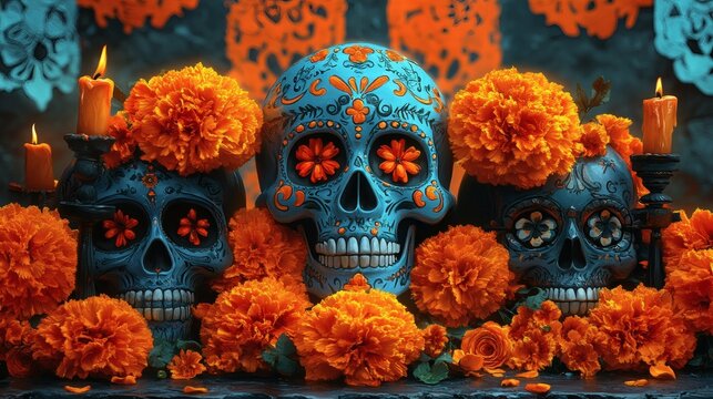 An artistic and colorful Day of the Dead altar scene with skulls, marigolds, and candles, rich with cultural symbolism. The composition captures the festive spirit, paying tribute to the departed