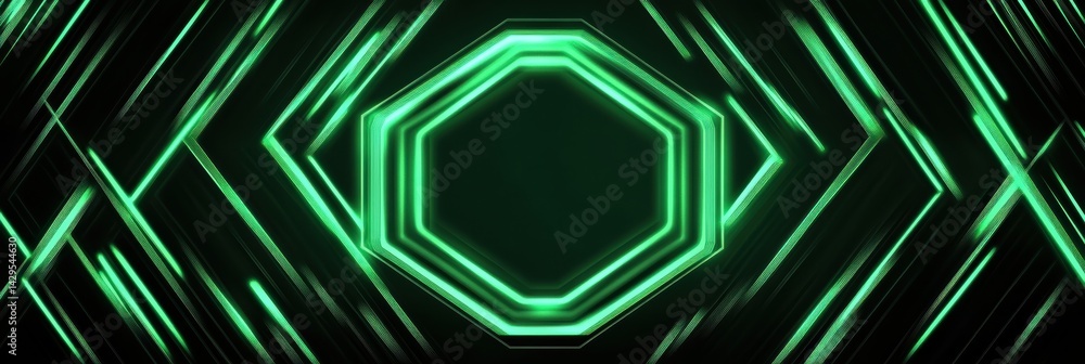 Poster dynamic green glowing hexagon design with abstract geometric lines and shapes