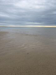 Fototapeta premium Calm Ocean Shoreline with Wet Sand Under Overcast Sky