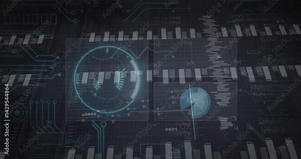 Poster circular gauge display showing realtime data, floating over dark grid with bar chart panels