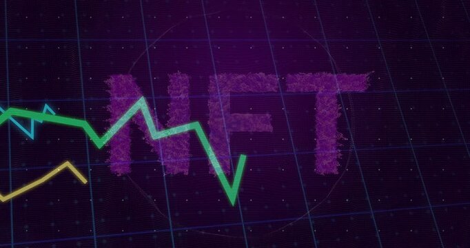 Animated digital data being visualized on purple grid, showing HFT letters under neon trend lines
