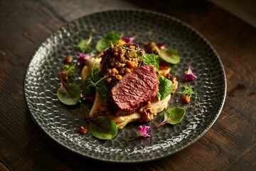 Exquisite Gourmet Plated Dish with Seared Meat and Vibrant Garnishes