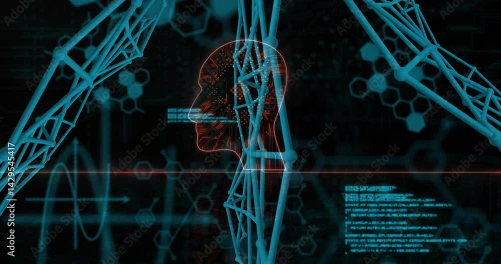 Poster circuit-board head being animated in dark interface, flanked by blue molecular lattice, code lines