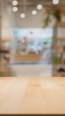 Empty Light Wooden Tabletop in Blurred Modern Shop Background