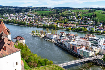 Confluence of rivers Inn, Danube and Ilz in Passau, Bavaria, Germany. The City of Three Rivers