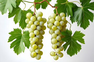 Green Grapes on Stem with Leaves Isolated on White for Healthy Eating and Harvest Concepts Featuring Fresh Bunches of Light Green Fruit for Food Imagery: Green, Grapes, Stem, Leaves, Isolated, White.