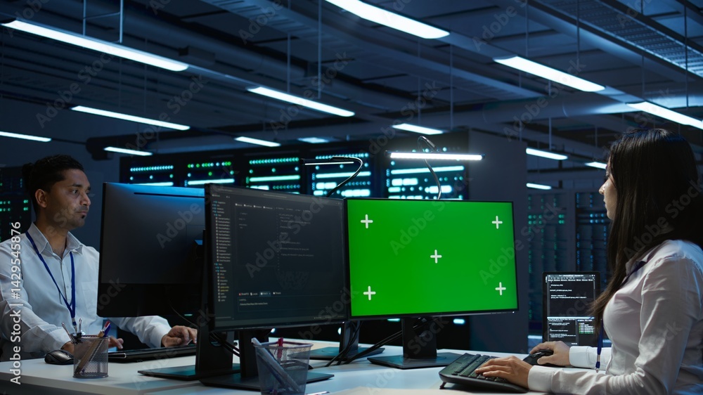 Poster system administrator in data center installing software on green screen computer, troubleshooting is