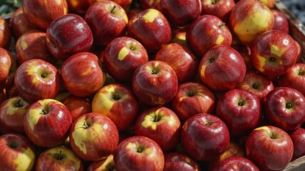 Fresh Red Apples with Yellow Patches in a Glossy Pile