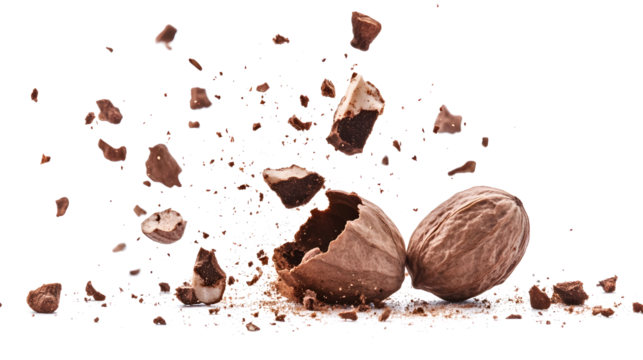 Two nuts, one of which has been cracked open and the other still intact