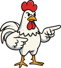 A cartoon rooster with white feathers pointing with both hands and looking angry on white background