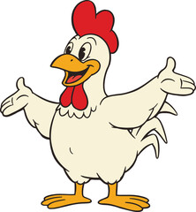 A cartoon chicken with open arms standing on a white background with a friendly expression on its face