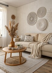 Living room with beige sofa, round wooden table, pampas grass and decorative wall art in neutral tones created with generated ai