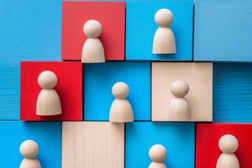Obraz premium Flat lay of wooden figures on colorful blocks representing population growth trend