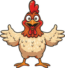 Cartoon chicken with open arms and a cheerful expression standing on a white background