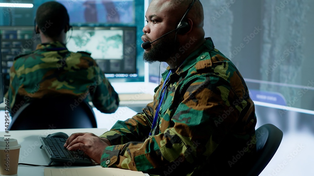 Poster military control room features army personnel monitoring surveillance systems, soldiers integrating 