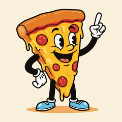 Cartoon pizza slice character with pepperoni, crust, cheese, and blue shoes on a light background