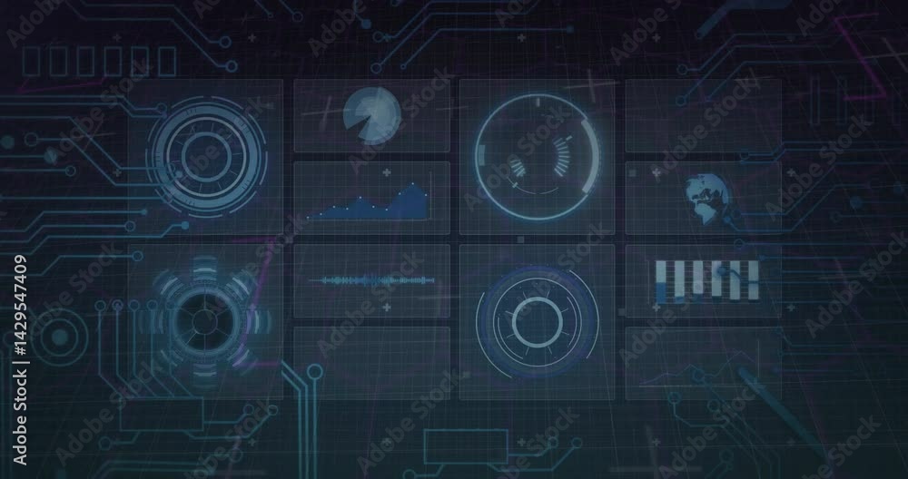 Poster cluster of eight translucent panels floating over grid interface, displaying neon?blue data graphs