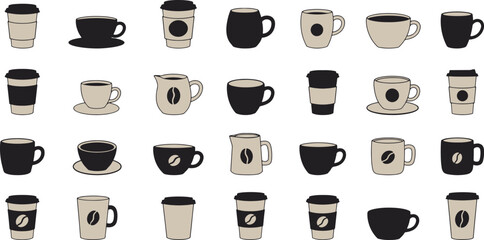 An array of coffee cups and mugs in black and beige in a pattern on a white background surface