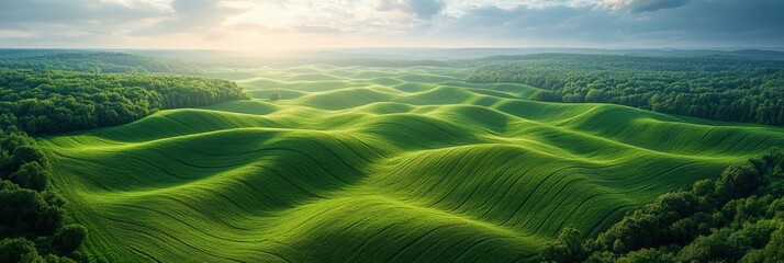 Obraz premium Vibrant aerial view of lush green hills and valleys under a bright sky during golden hour