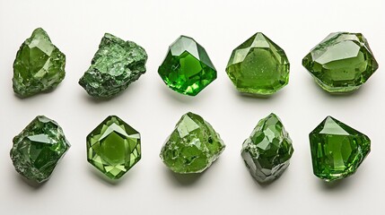 A collection of green gemstones (emerald, peridot, jade) arranged artistically, sparkling with internal fire