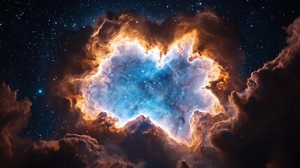 Obraz premium A cosmic inkblot nebula with symmetrical patterns of dark and light regions, its shape constantly evolving