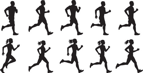 Silhouettes of male and female runners in motion against a white background in a repeating pattern