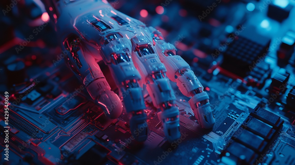 Poster robotic hand on circuit board futuristic technology digital art neon red blue light artificial intel