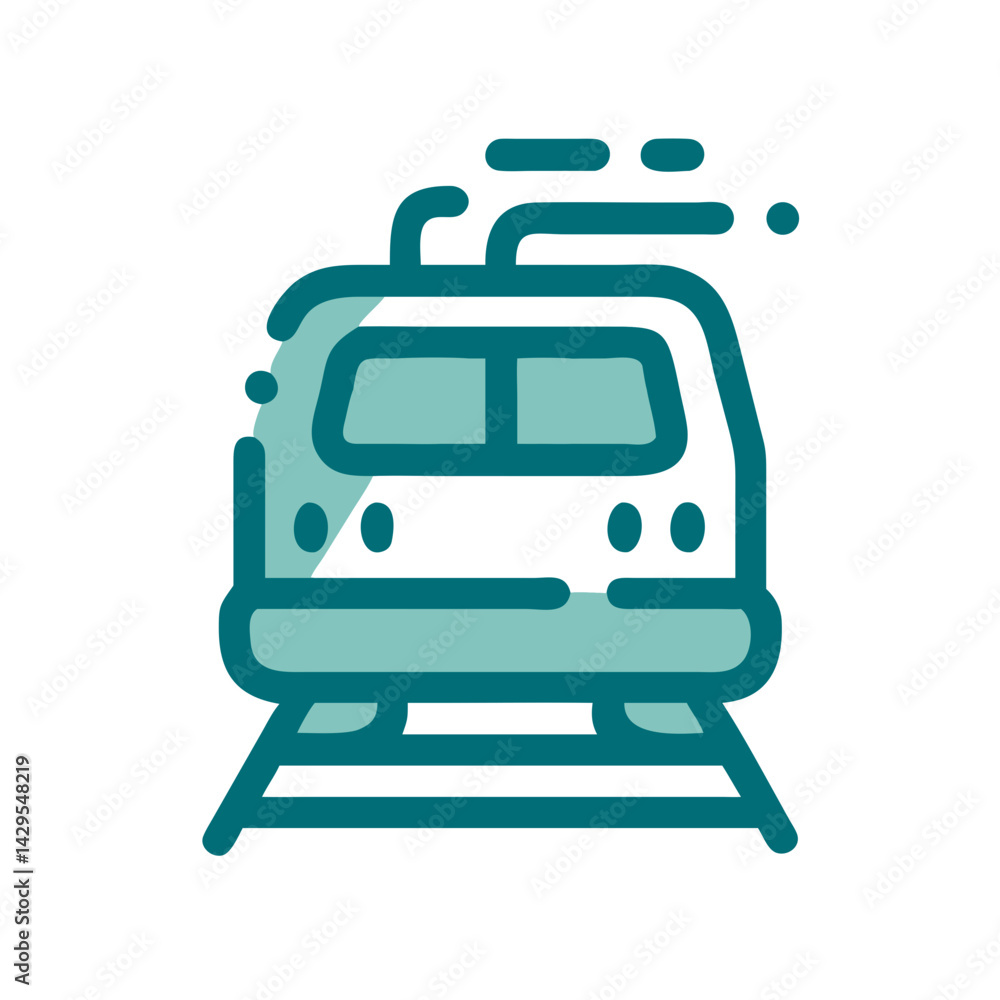 Poster train icon depicting a front view of a modern train on railway tracks in a dynamic design