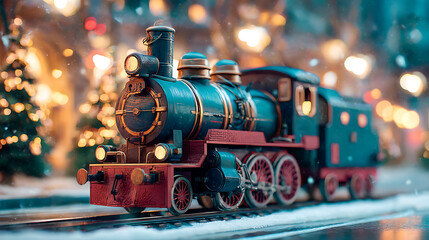 Vintage toy steam locomotive on snowy tracks with festive lights and holiday decorations