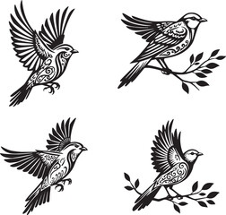 Obraz premium Four black and white bird illustrations in different poses with decorative patterns and foliage elements