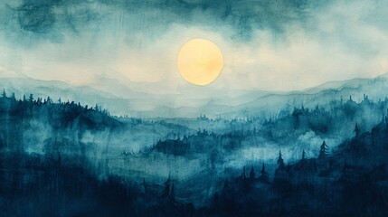 Ethereal watercolor moonlit landscape in cool blue gradients with soft yellow moon glow