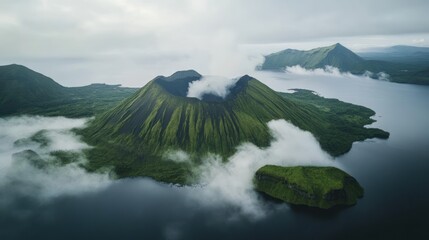 Aerial view of a green volcano island in a lake with clouds, for travel